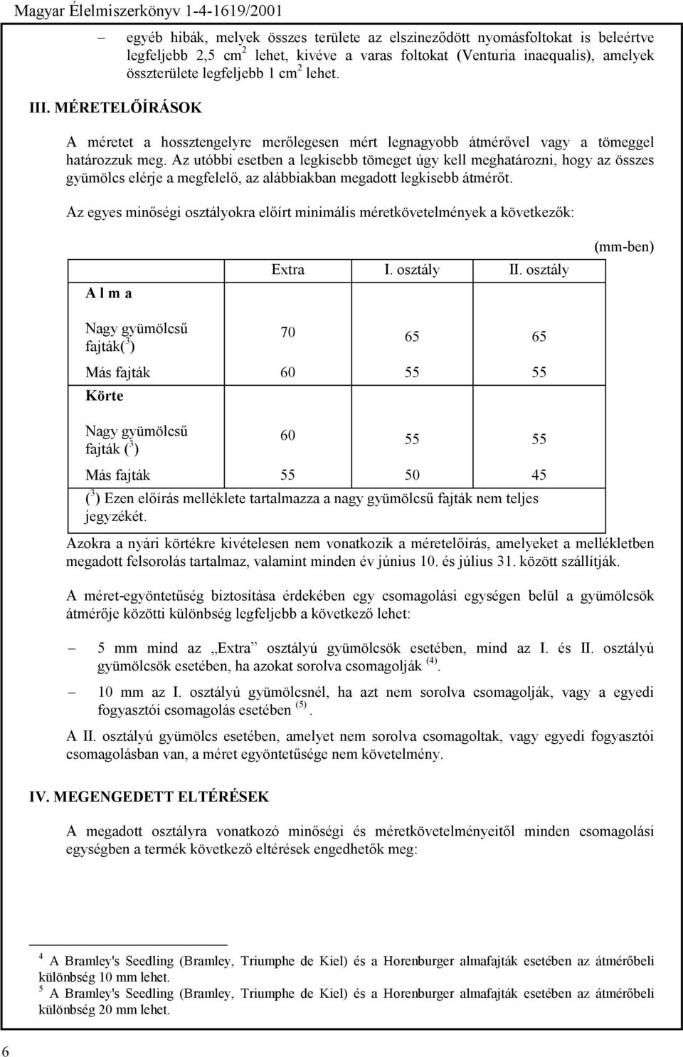 Az utóbbi esetben a legkisebb tömeget úgy kell meghatározni, hogy az összes gyümölcs elérje a megfelelő, az alábbiakban megadott legkisebb átmérőt.