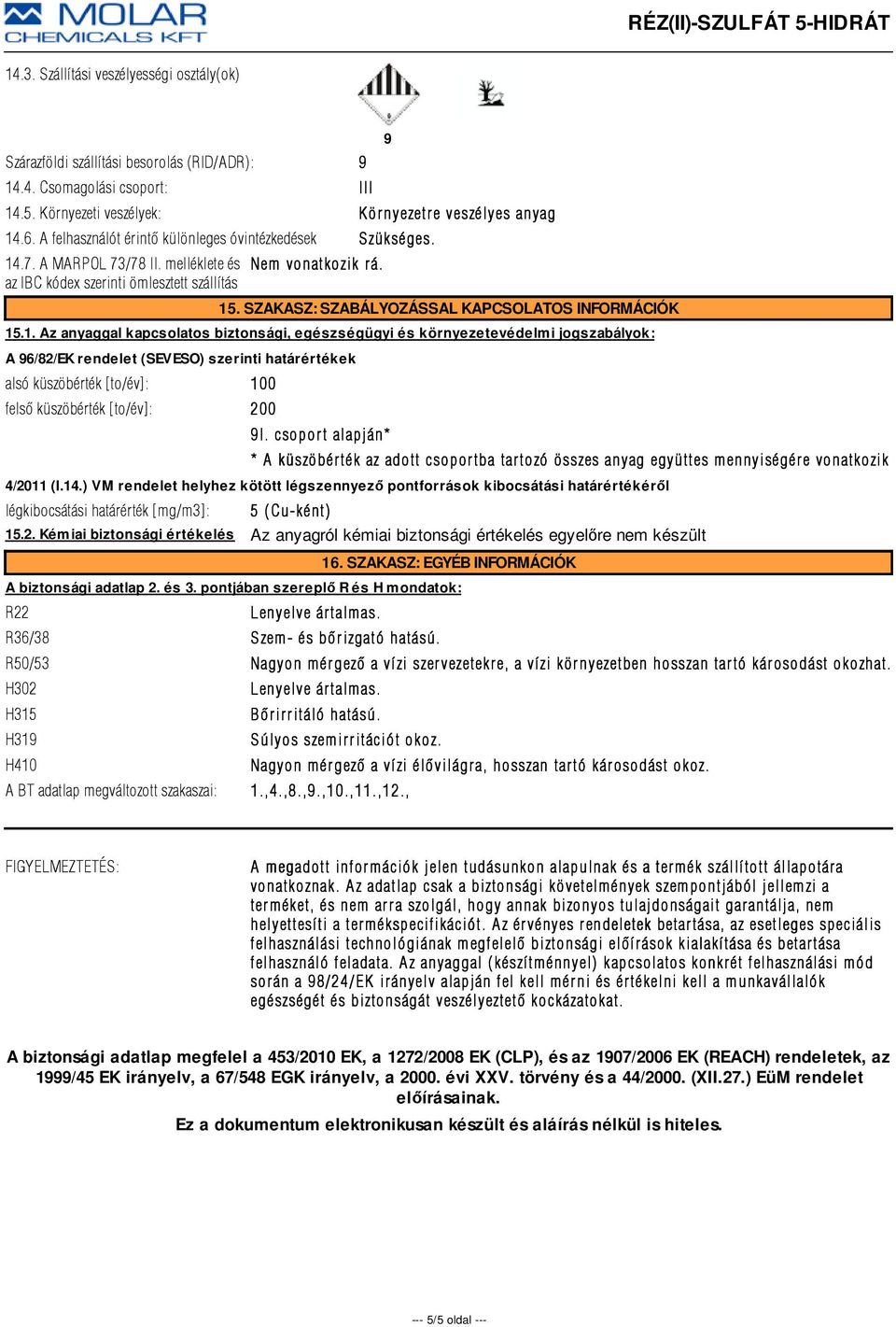 SZAKASZ: SZABÁLYOZÁSSAL KAPCSOLATOS INFORMÁCIÓK 15