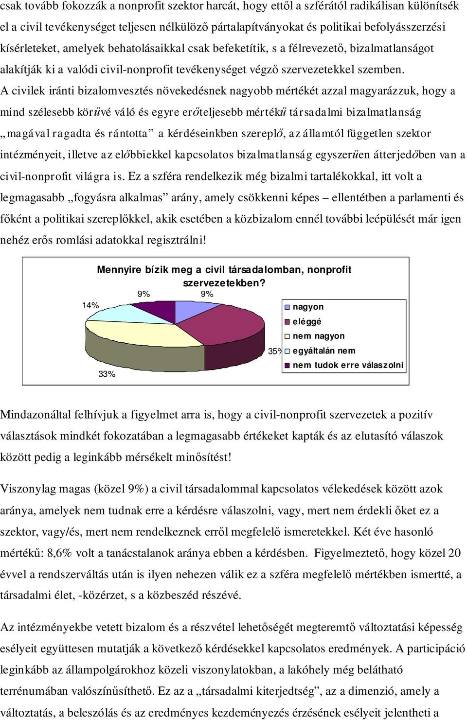 A civilek iránti bizalomvesztés növekedésnek nagyobb mértékét azzal magyarázzuk, hogy a mind szélesebb körűvé váló és egyre erőteljesebb mértékű társadalmi bizalmatlanság magával ragadta és rántotta