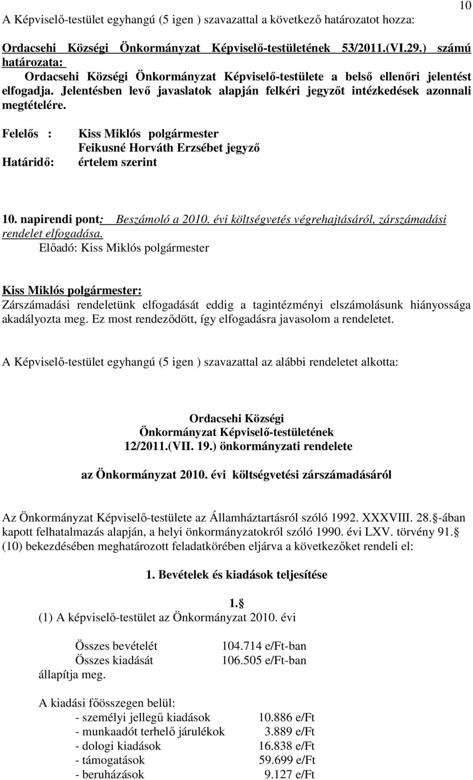 Felelős : Határidő: Kiss Miklós polgármester Feikusné Horváth Erzsébet jegyző értelem szerint 10. napirendi pont: Beszámoló a 2010. évi költségvetés végrehajtásáról, zárszámadási rendelet elfogadása.