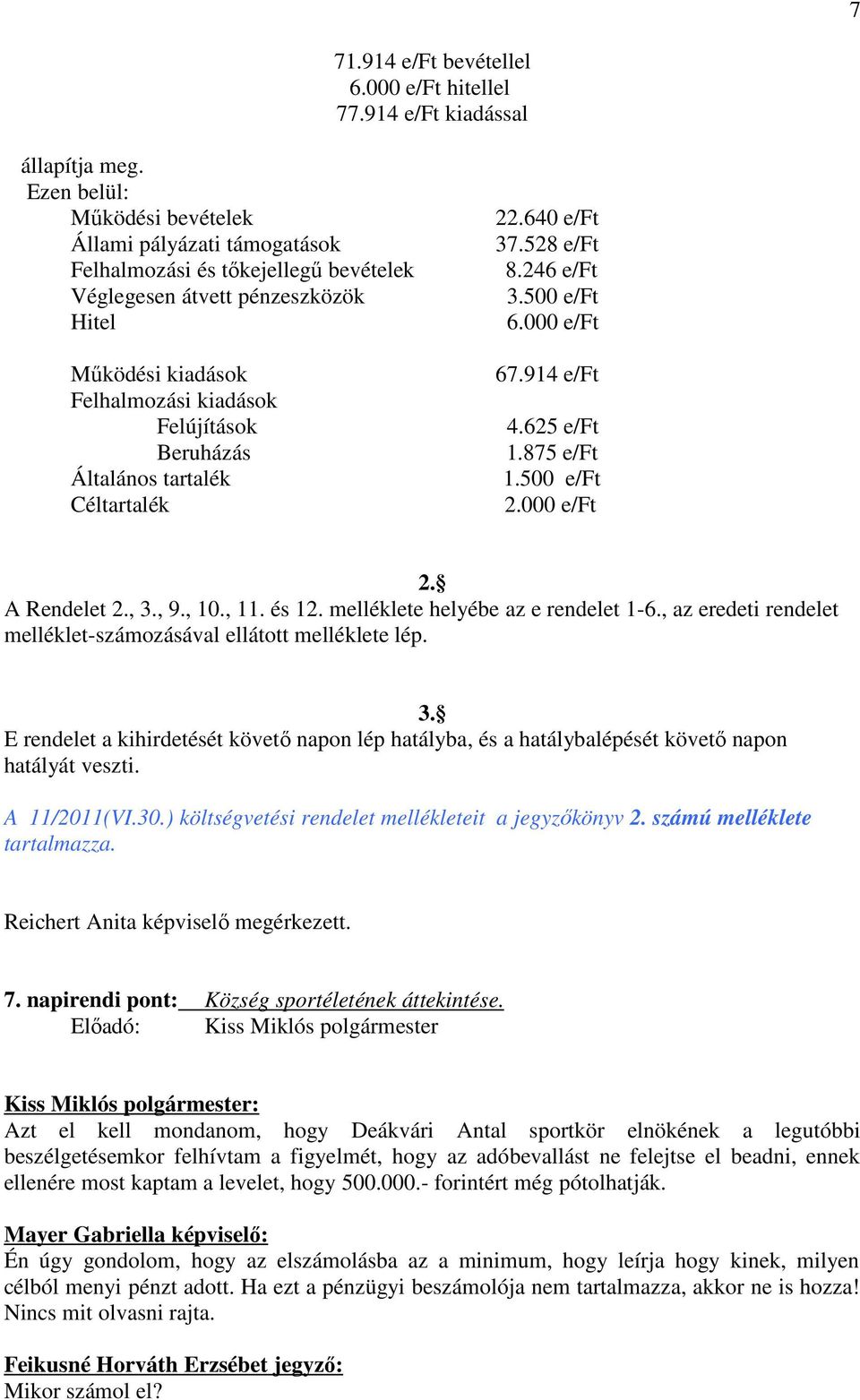 Általános tartalék Céltartalék 22.640 e/ft 37.528 e/ft 8.246 e/ft 3.500 e/ft 6.000 e/ft 67.914 e/ft 4.625 e/ft 1.875 e/ft 1.500 e/ft 2.000 e/ft 2. A Rendelet 2., 3., 9., 10., 11. és 12.