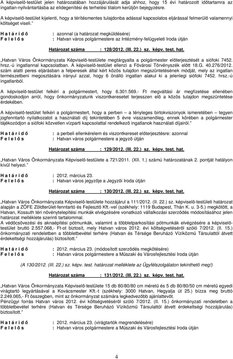 : azonnal (a határozat megküldésére) : Hatvan város polgármestere az Intézmény-felügyeleti Iroda útján : 128/2012. (III. 22.) sz. képv. test. hat. Hatvan Város Önkormányzata Képviselő-testülete megtárgyalta a polgármester előterjesztését a siófoki 7452.