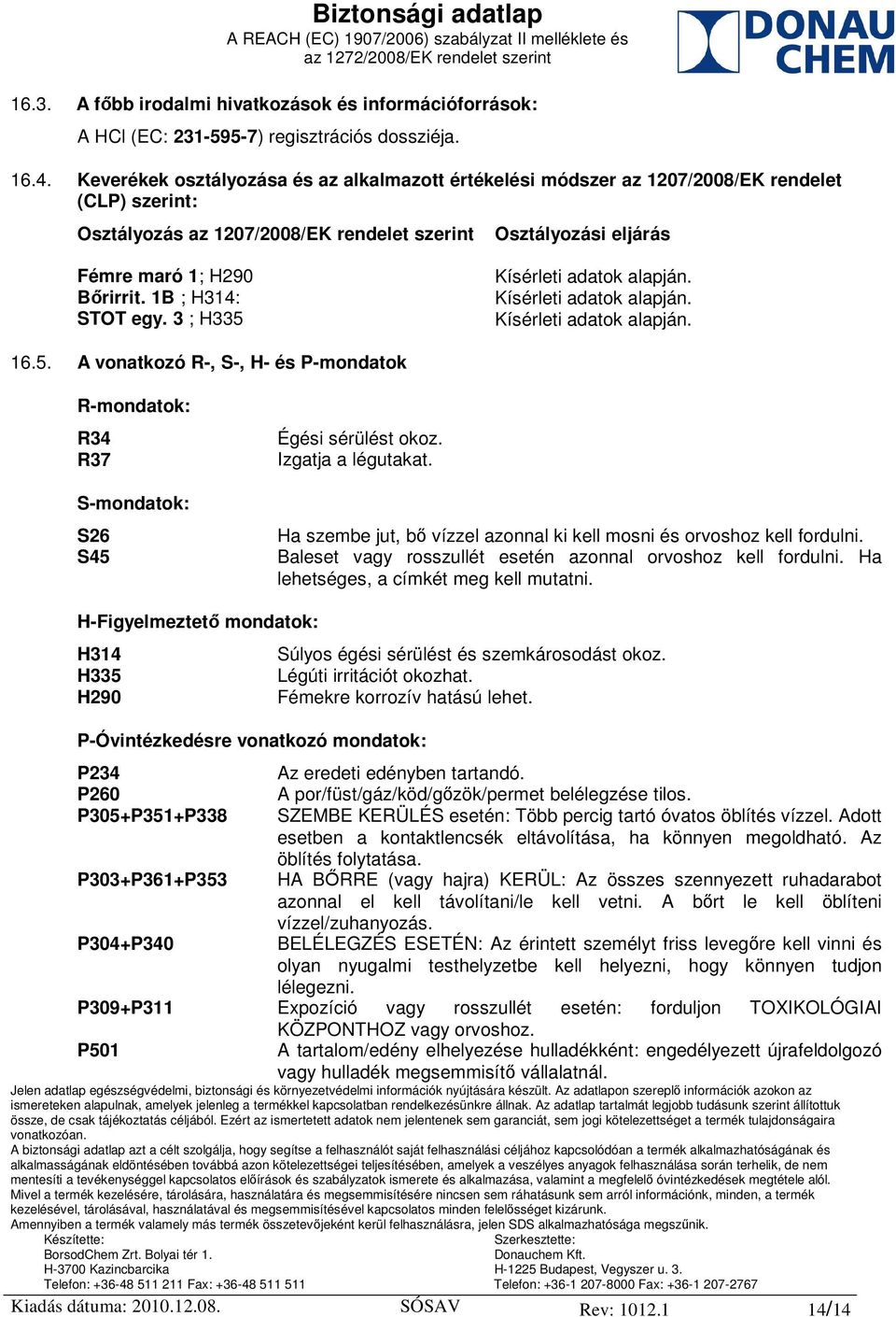 1B ; H314: STOT egy. 3 ; H335 Kísérleti adatok alapján. Kísérleti adatok alapján. Kísérleti adatok alapján. 16.5. A vonatkozó R-, S-, H- és P-mondatok R-mondatok: R34 R37 S-mondatok: S26 S45 Égési sérülést okoz.