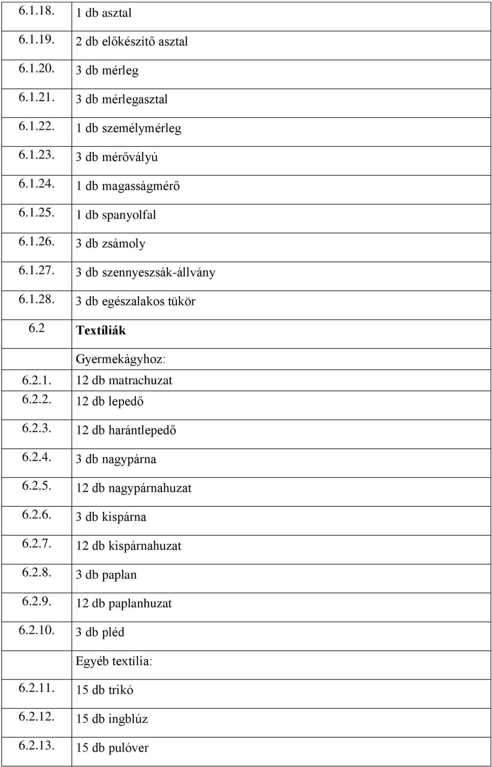 2 Textíliák Gyermekágyhoz: 6.2.1. 12 db matrachuzat 6.2.2. 12 db lepedő 6.2.3. 12 db harántlepedő 6.2.4. 3 db nagypárna 6.2.5. 12 db nagypárnahuzat 6.2.6. 3 db kispárna 6.