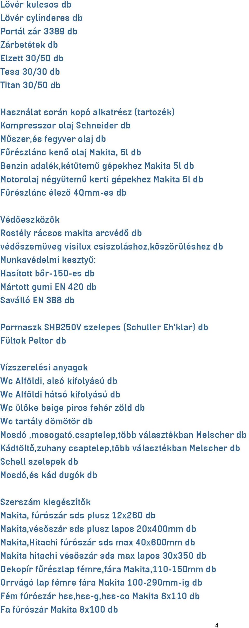 makita arcvédő db védőszemüveg visilux csiszoláshoz,köszörüléshez db Munkavédelmi kesztyű: Hasított bőr-150-es db Mártott gumi EN 420 db Saválló EN 388 db Pormaszk SH9250V szelepes (Schuller Eh klar)