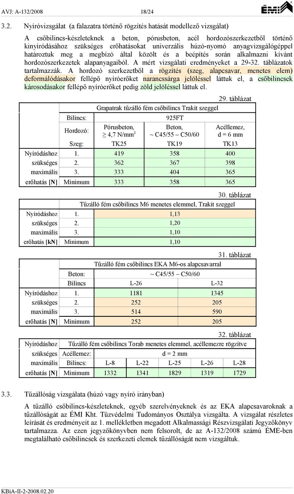 erőhatásokat univerzális húzó-nyomó anyagvizsgálógéppel határoztuk meg a megbízó által közölt és a beépítés során alkalmazni kívánt hordozószerkezetek alapanyagaiból.