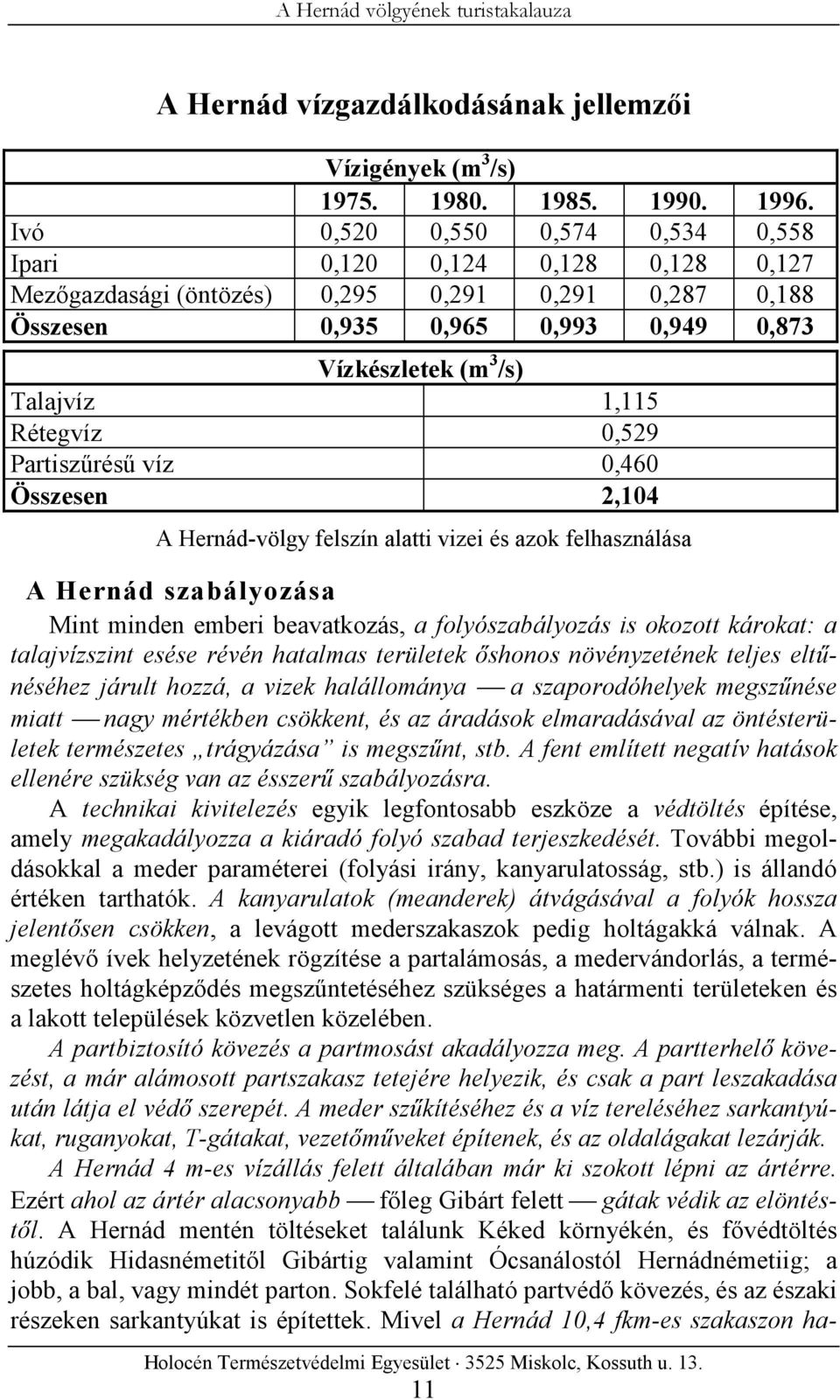 Rétegvíz 0,529 Partiszűrésű víz 0,460 Összesen 2,104 A Hernád-völgy felszín alatti vizei és azok felhasználása A Hernád szabályozása Mint minden emberi beavatkozás, a folyószabályozás is okozott