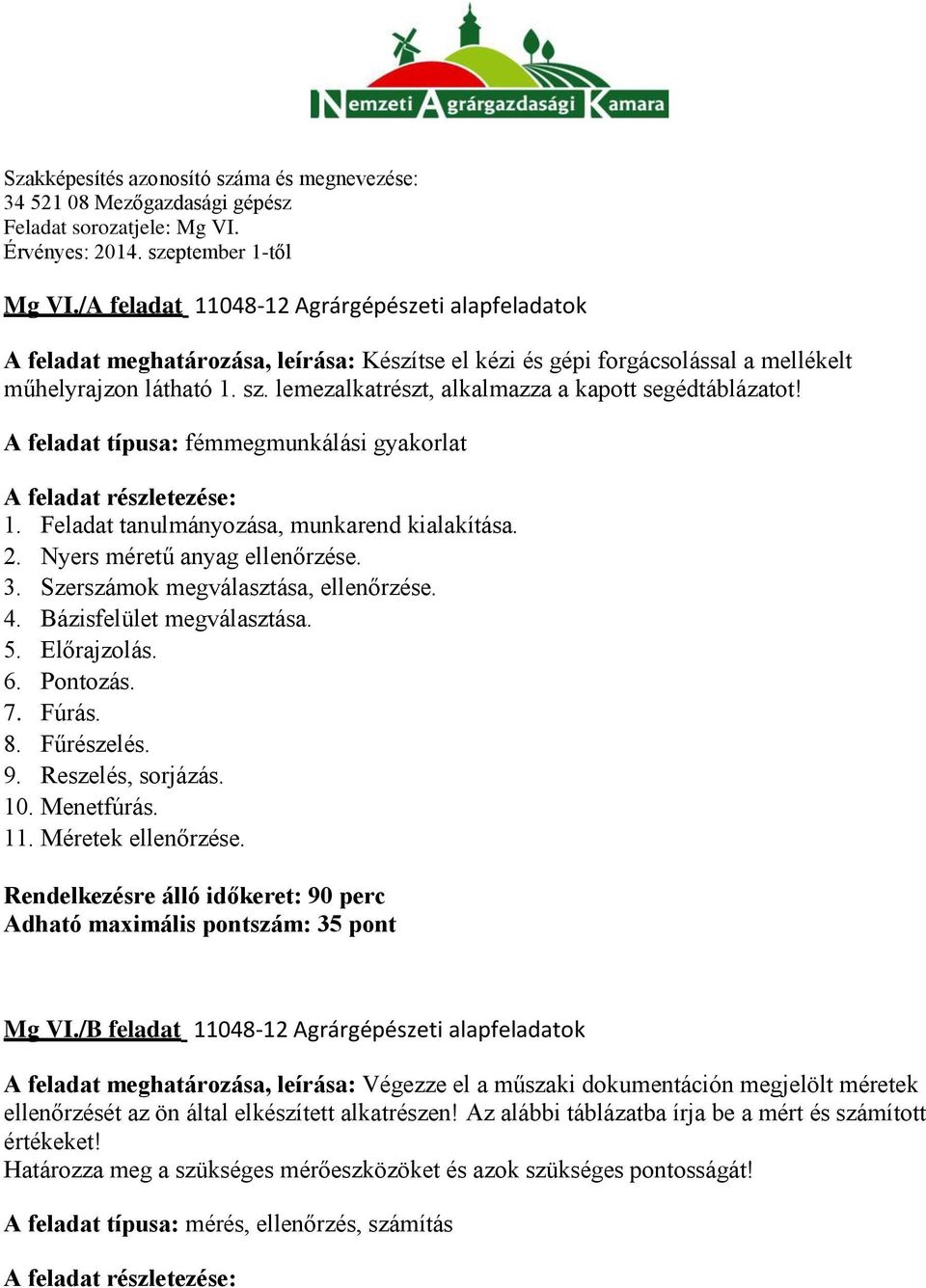 Nyers méretű anyag ellenőrzése. 3. Szerszámok megválasztása, ellenőrzése. 4. Bázisfelület megválasztása. 5. Előrajzolás. 6. Pontozás. 7. Fúrás. 8. Fűrészelés. 9. Reszelés, sorjázás. 10. Menetfúrás.