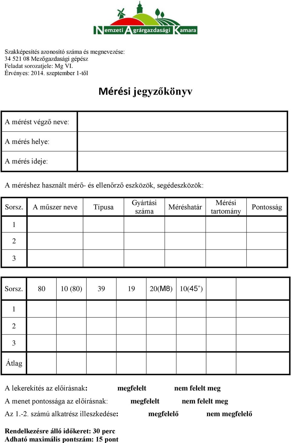 80 10 (80) 39 19 20(M8) 10(45 ) 1 2 3 Átlag A lekerekítés az előírásnak: megfelelt nem felelt meg A menet pontossága az