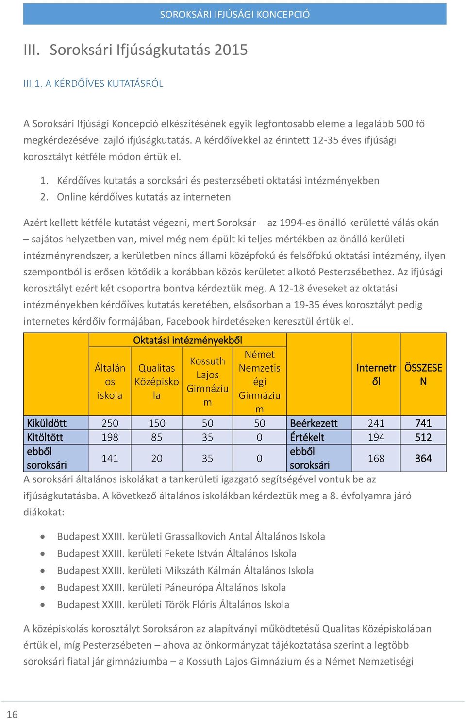 Online kérdőíves kutatás az interneten Azért kellett kétféle kutatást végezni, mert Soroksár az 1994-es önálló kerületté válás okán sajátos helyzetben van, mivel még nem épült ki teljes mértékben az