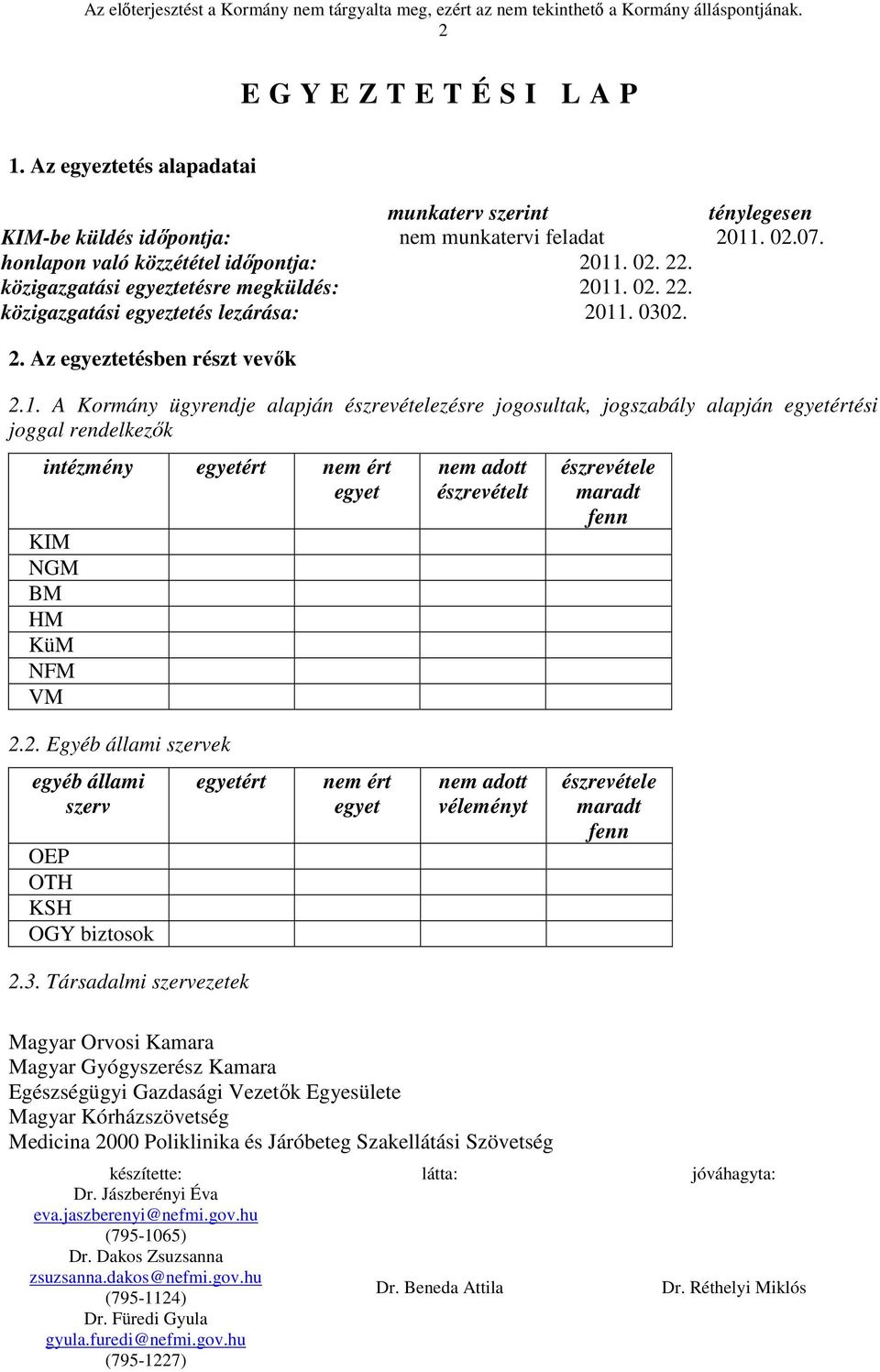 . 02. 22. közigazgatási egyeztetés lezárása: 2011