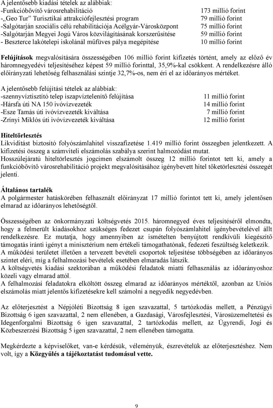 millió forint Felújítások megvalósítására összességében 106 millió forint kifizetés történt, amely az előző év háromnegyedévi teljesítéséhez képest 59 millió forinttal, 35,9%-kal csökkent.