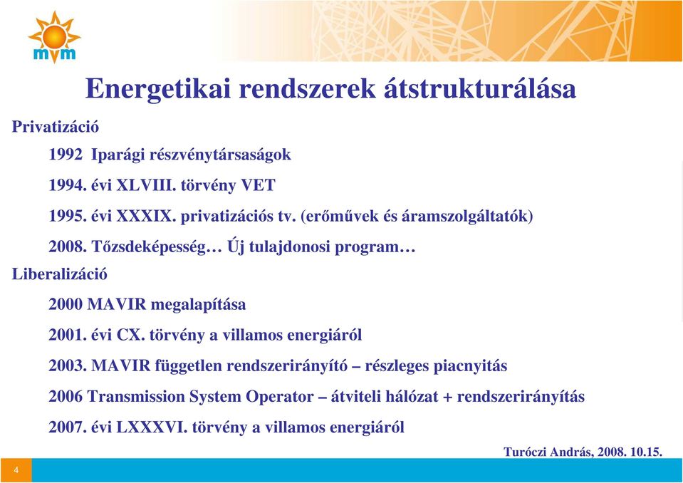Tızsdeképesség Új tulajdonosi program Liberalizáció 2000 MAVIR megalapítása 2001. évi CX.