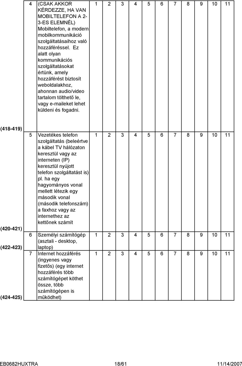 (8-9) (0-) (-) (-5) 5 Vezetékes telefon 5 6 7 8 9 0 szolgáltatás (beleértve a kábel TV hálózaton keresztül vagy az interneten (IP) keresztül nyújott telefon szolgáltatást is) pl.