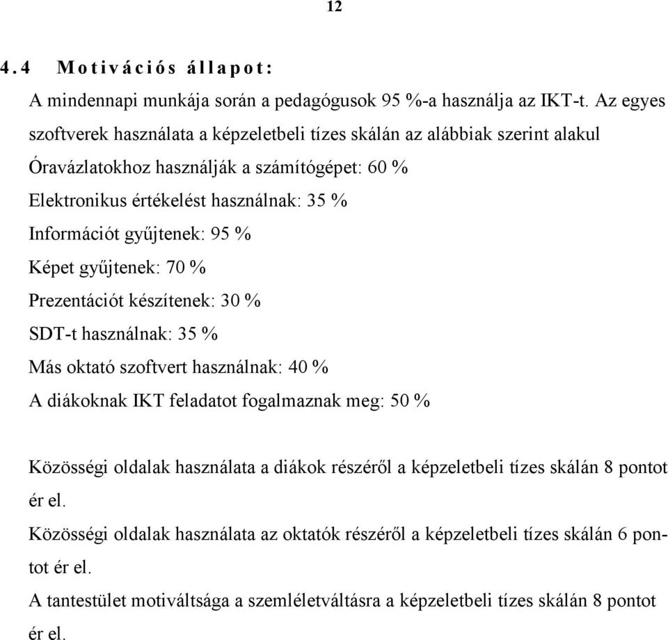 gyűjtenek: 95 % Képet gyűjtenek: 70 % Prezentációt készítenek: 30 % SDT-t használnak: 35 % Más oktató szoftvert használnak: 40 % A diákoknak IKT feladatot fogalmaznak meg: 50 % Közösségi