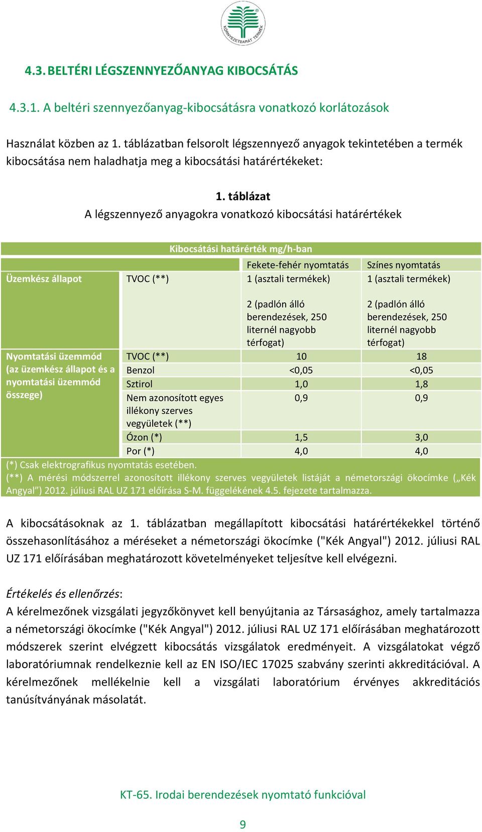 táblázat A légszennyező anyagokra vonatkozó kibocsátási határértékek Kibocsátási határérték mg/h-ban Fekete-fehér nyomtatás Üzemkész állapot TVOC (**) 1 (asztali termékek) Színes nyomtatás 1 (asztali