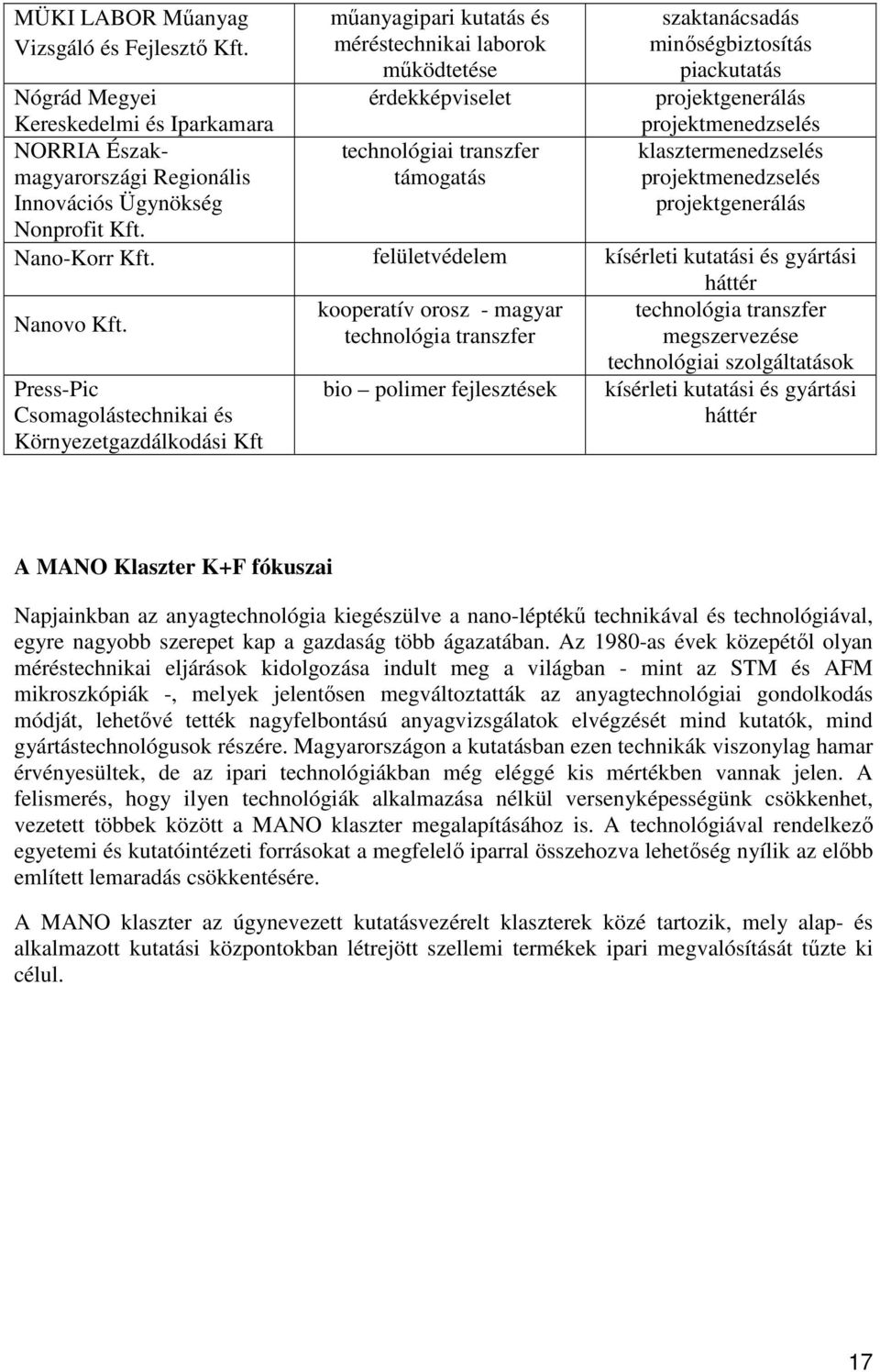 NORRIA Északmagyarországi technológiai transzfer klasztermenedzselés Regionális támogatás projektmenedzselés Innovációs Ügynökség projektgenerálás Nonprofit Kft. Nano-Korr Kft.