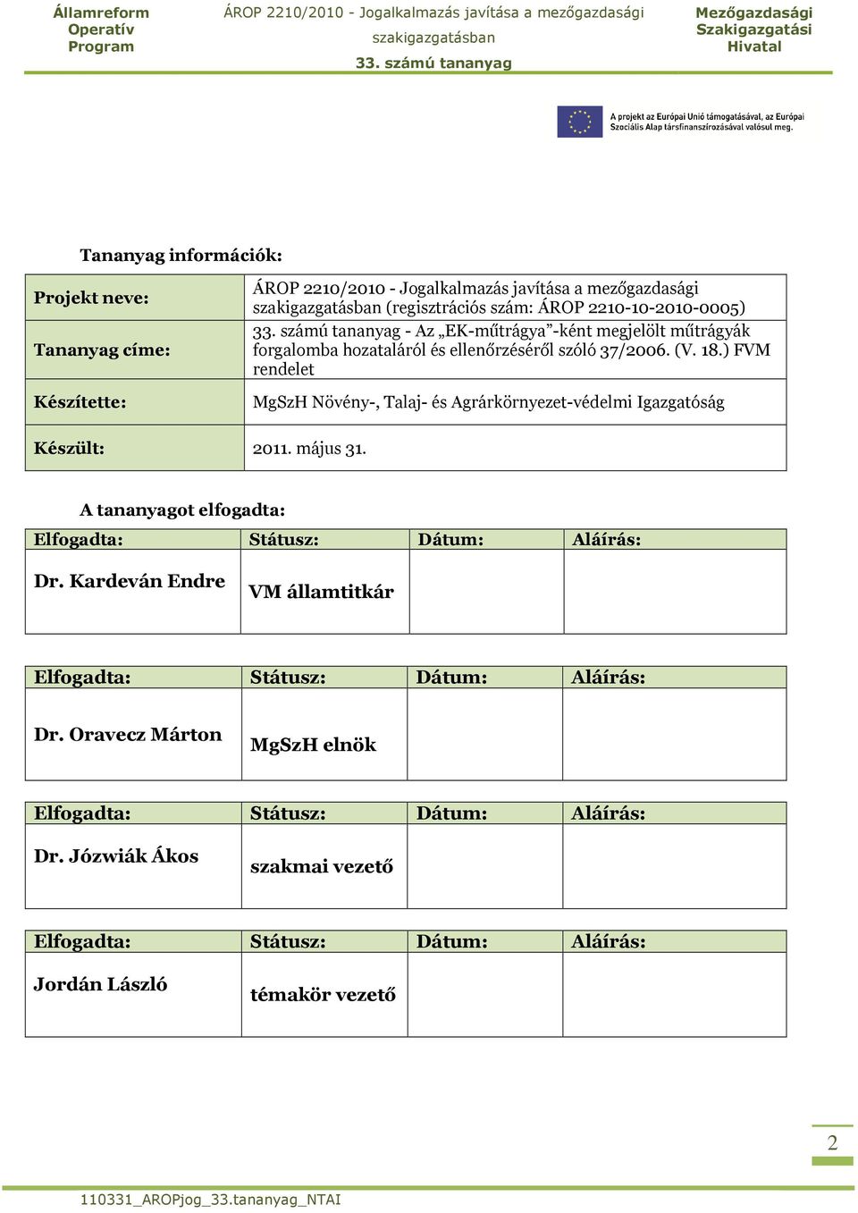 május 31. A tananyagot elfogadta: Elfogadta: Státusz: Dátum: Aláírás: Dr. Kardeván Endre VM államtitkár Elfogadta: Státusz: Dátum: Aláírás: Dr.