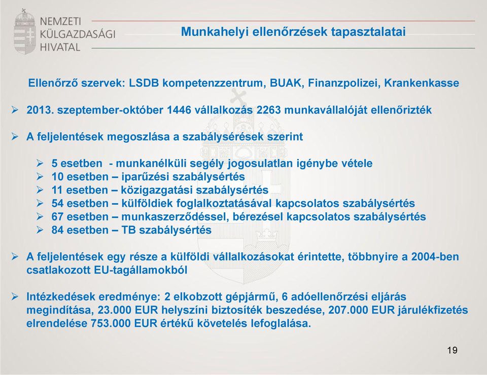 iparűzési szabálysértés 11 esetben közigazgatási szabálysértés 54 esetben külföldiek foglalkoztatásával kapcsolatos szabálysértés 67 esetben munkaszerződéssel, bérezésel kapcsolatos szabálysértés 84