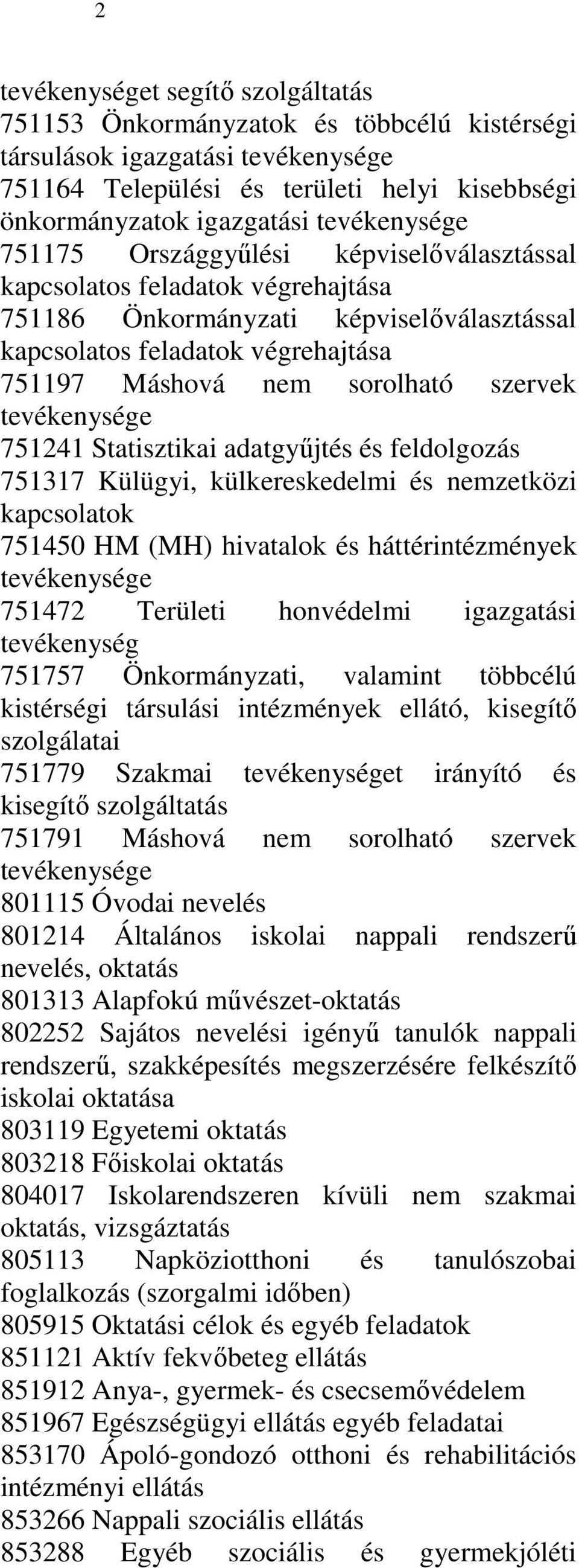 szervek tevékenysége 751241 Statisztikai adatgyőjtés és feldolgozás 751317 Külügyi, külkereskedelmi és nemzetközi kapcsolatok 751450 HM (MH) hivatalok és háttérintézmények tevékenysége 751472