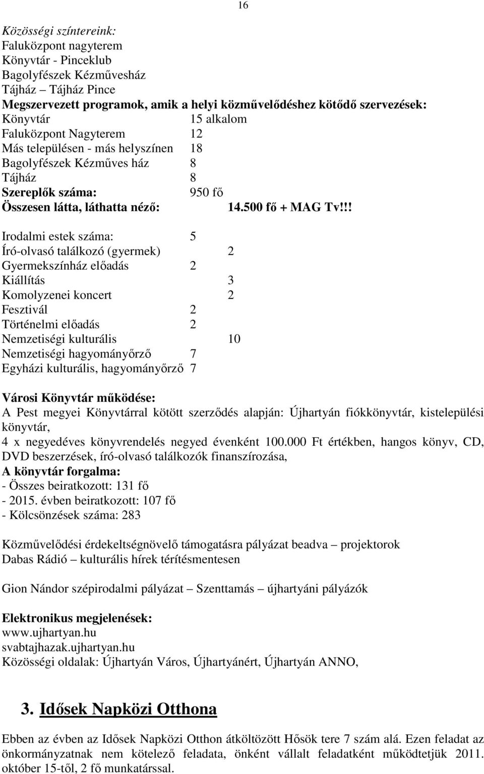 !! Irodalmi estek száma: 5 Író-olvasó találkozó (gyermek) 2 Gyermekszínház előadás 2 Kiállítás 3 Komolyzenei koncert 2 Fesztivál 2 Történelmi előadás 2 Nemzetiségi kulturális 10 Nemzetiségi