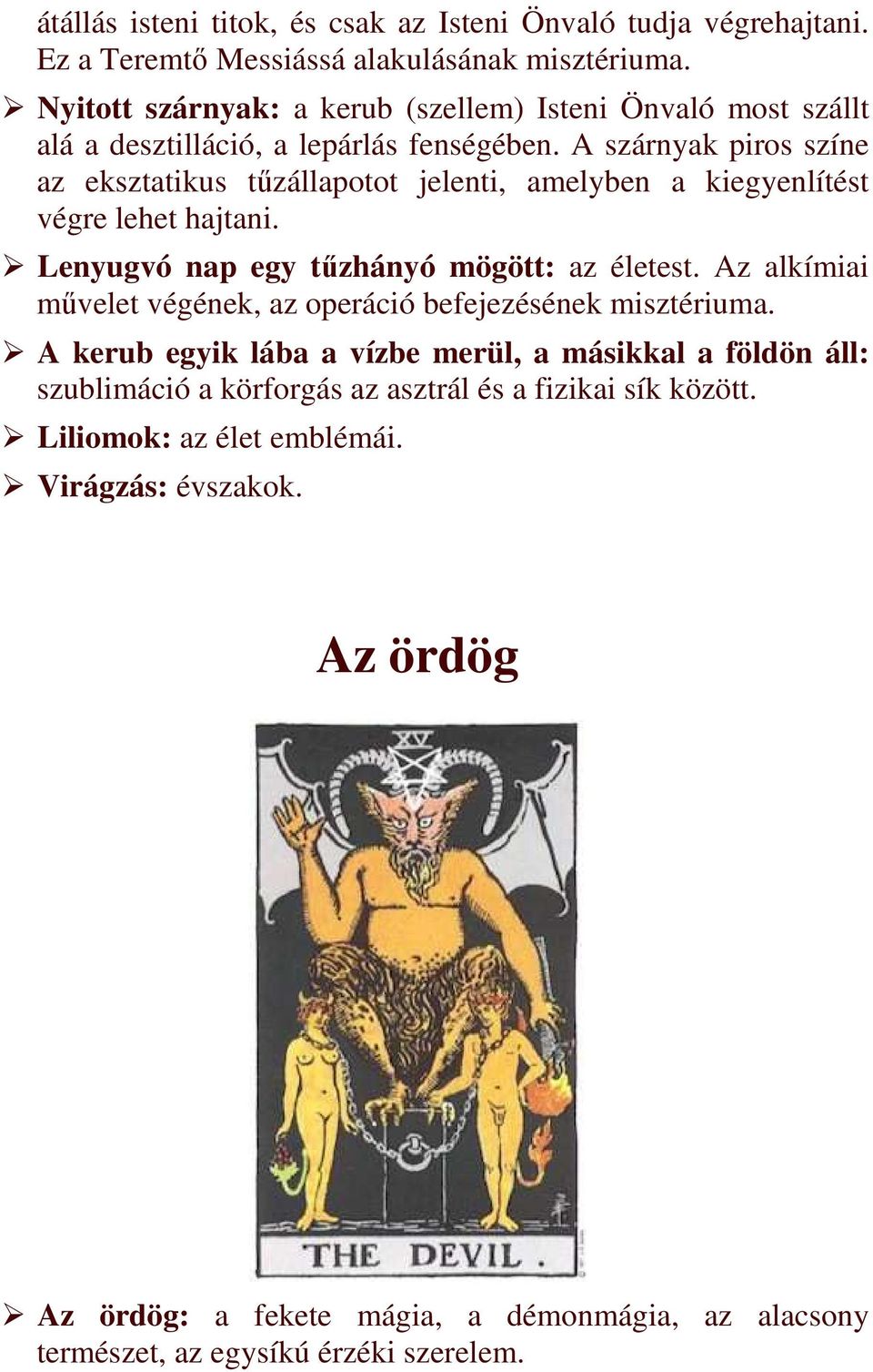 A szárnyak piros színe az eksztatikus tőzállapotot jelenti, amelyben a kiegyenlítést végre lehet hajtani. Lenyugvó nap egy tőzhányó mögött: az életest.