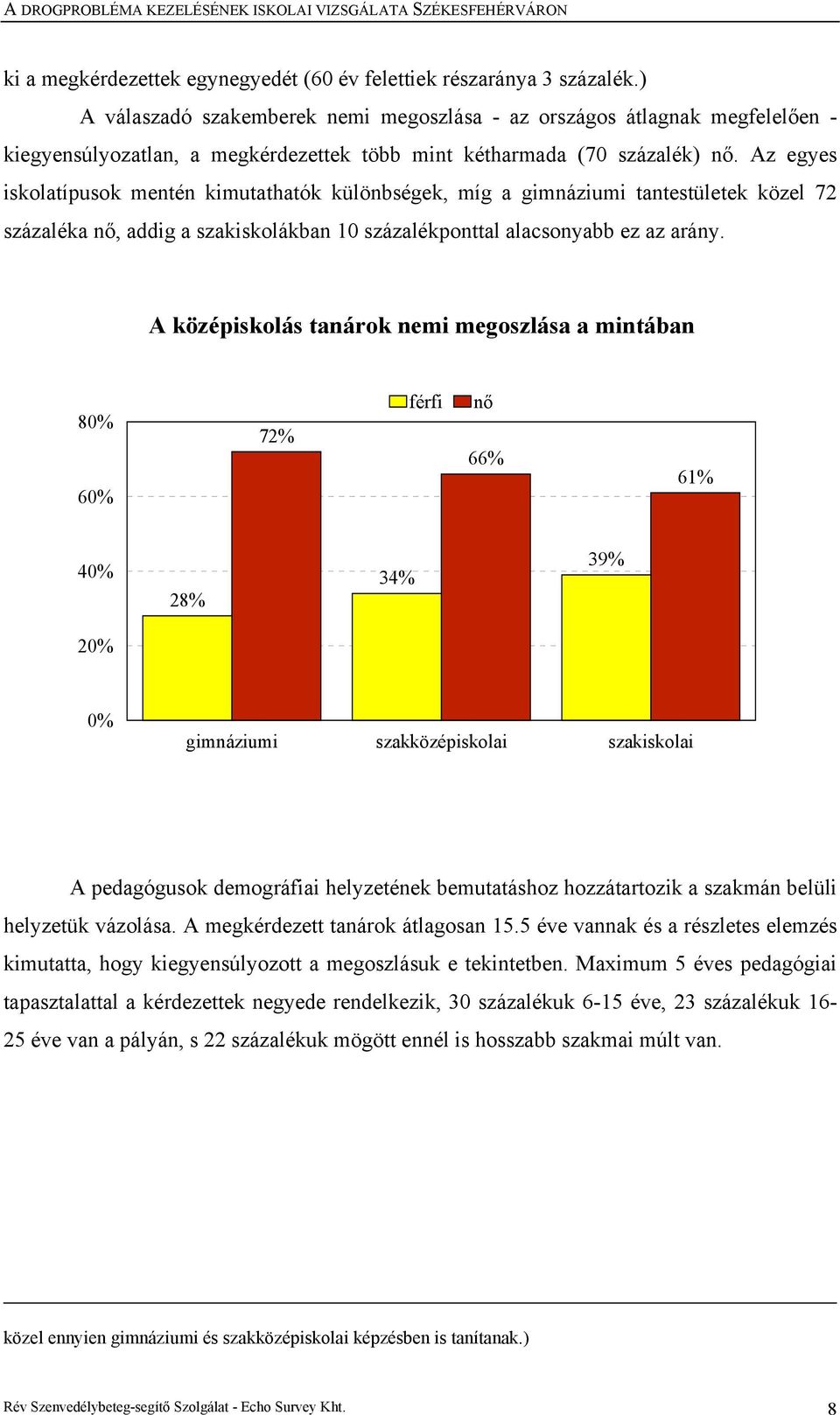 Az egyes iskolatípusok mentén kimutathatók különbségek, míg a gimnáziumi tantestületek közel 72 százaléka nő, addig a szakiskolákban 10 százalékponttal alacsonyabb ez az arány.