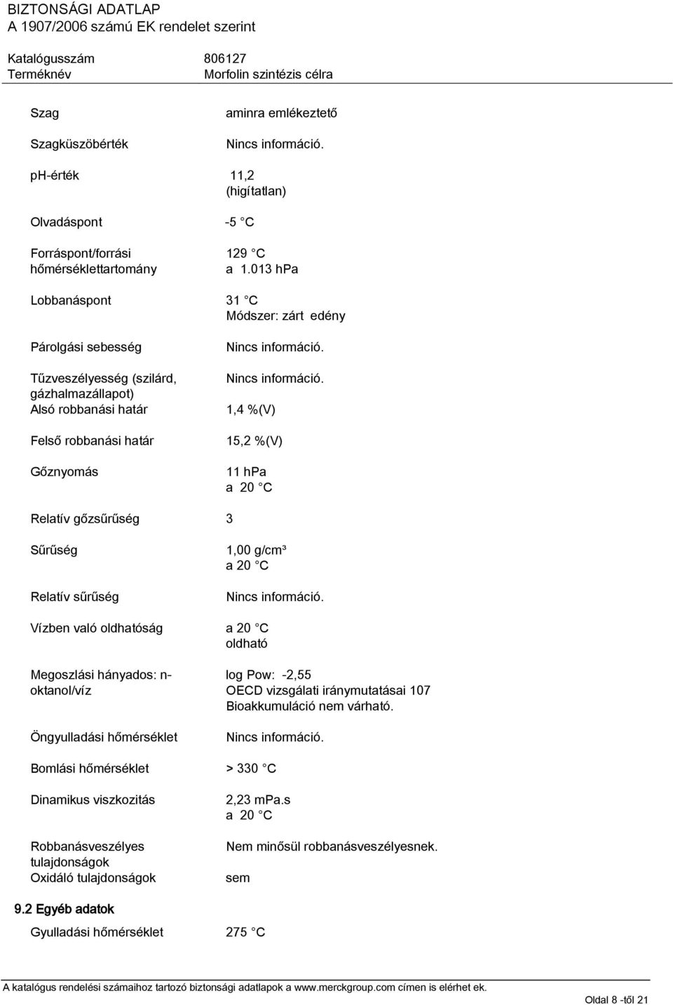 Nincs információ. 1,4 %(V) 15,2 %(V) 11 hpa a 20 C Relatív gőzsűrűség 3 Sűrűség Relatív sűrűség 1,00 g/cm³ a 20 C Nincs információ.