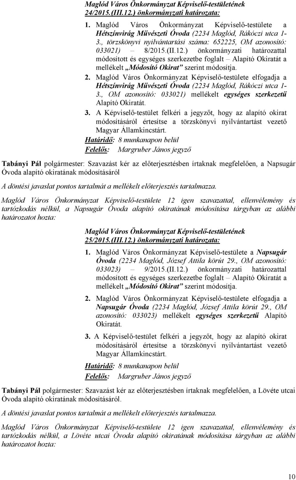 ) önkormányzati határozattal módosított és egységes szerkezetbe foglalt Alapító Okiratát a mellékelt Módosító Okirat szerint módosítja. 2.