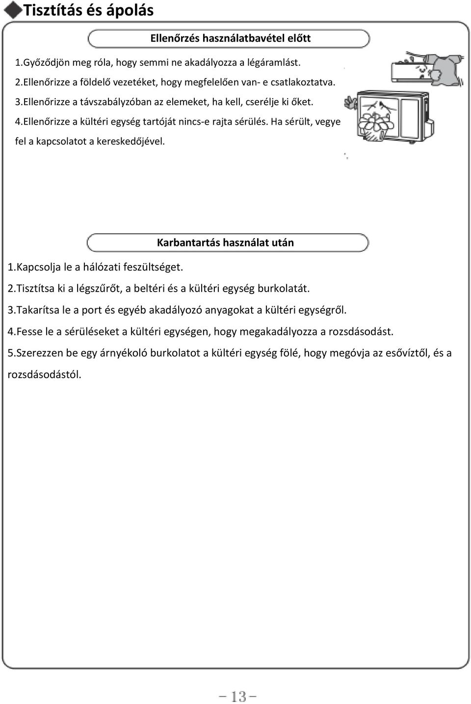 Karbantartás használat után 1.Kapcsolja le a hálózati feszültséget. 2.Tisztítsa ki a légszűrőt, a beltéri és a kültéri egység burkolatát. 3.