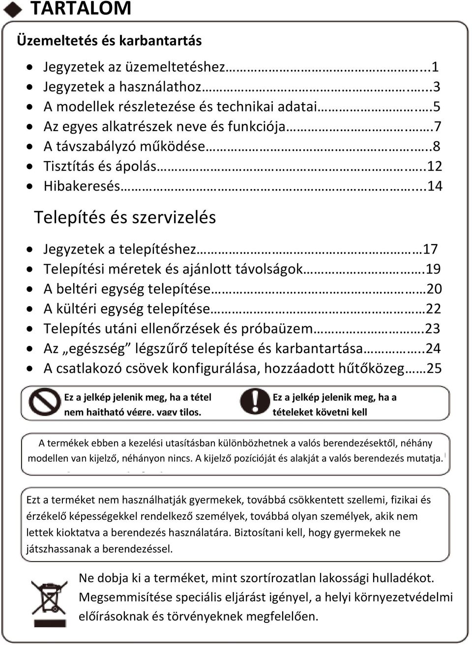 19 A beltéri egység telepítése 20 A kültéri egység telepítése 22 Telepítés utáni ellenőrzések és próbaüzem.23 Az egészség légszűrő telepítése és karbantartása.