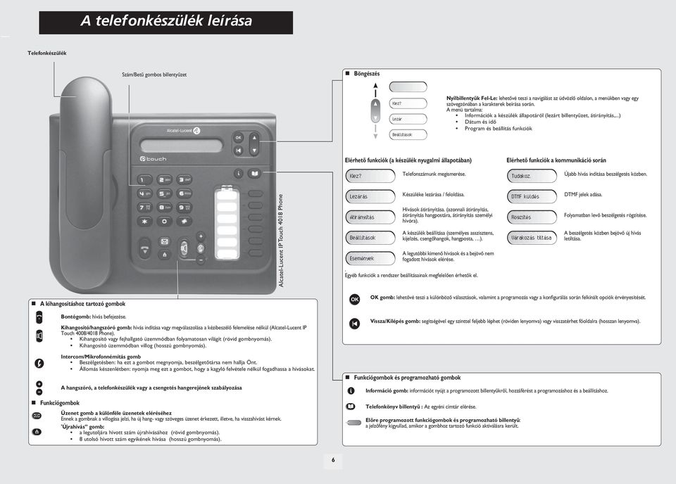 A menü tartalma: Információk a készülék állapotáról (lezárt billentyûzet, átirányítás,.