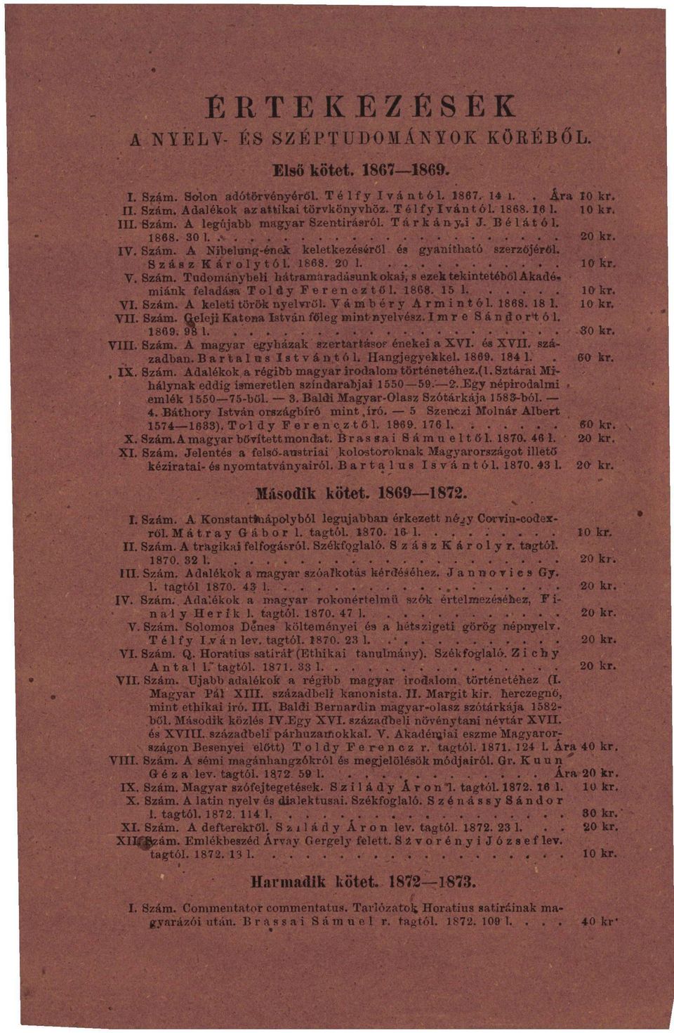 S z ás z K ár oly tói. 1868. 20 1....' 10 kr. V. Szám. Tudománybeíi hátramaradásunk okai, s ezek tekintetéből Akadó. miánk feladása Toldy Fereneztől. 1868. 15 1 10kr. VI. Szám. A keleti török nyelvről.