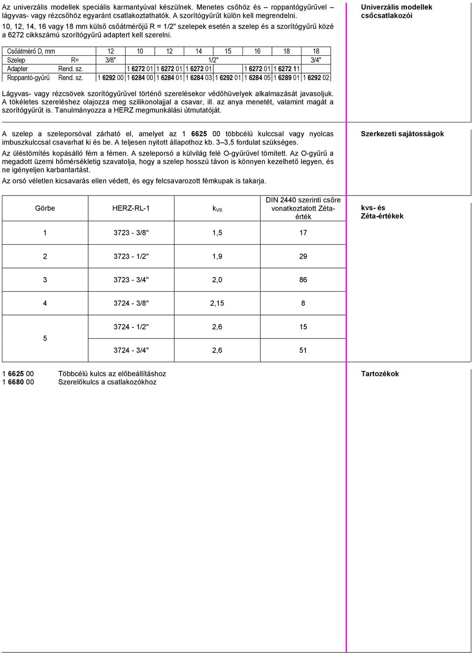 Univerzális modellek csőcsatlakozói Csőátmérő D, mm 12 10 12 14 15 16 18 18 Szelep R= 3/8" 1/2" 3/4" Adapter Rend. sz.