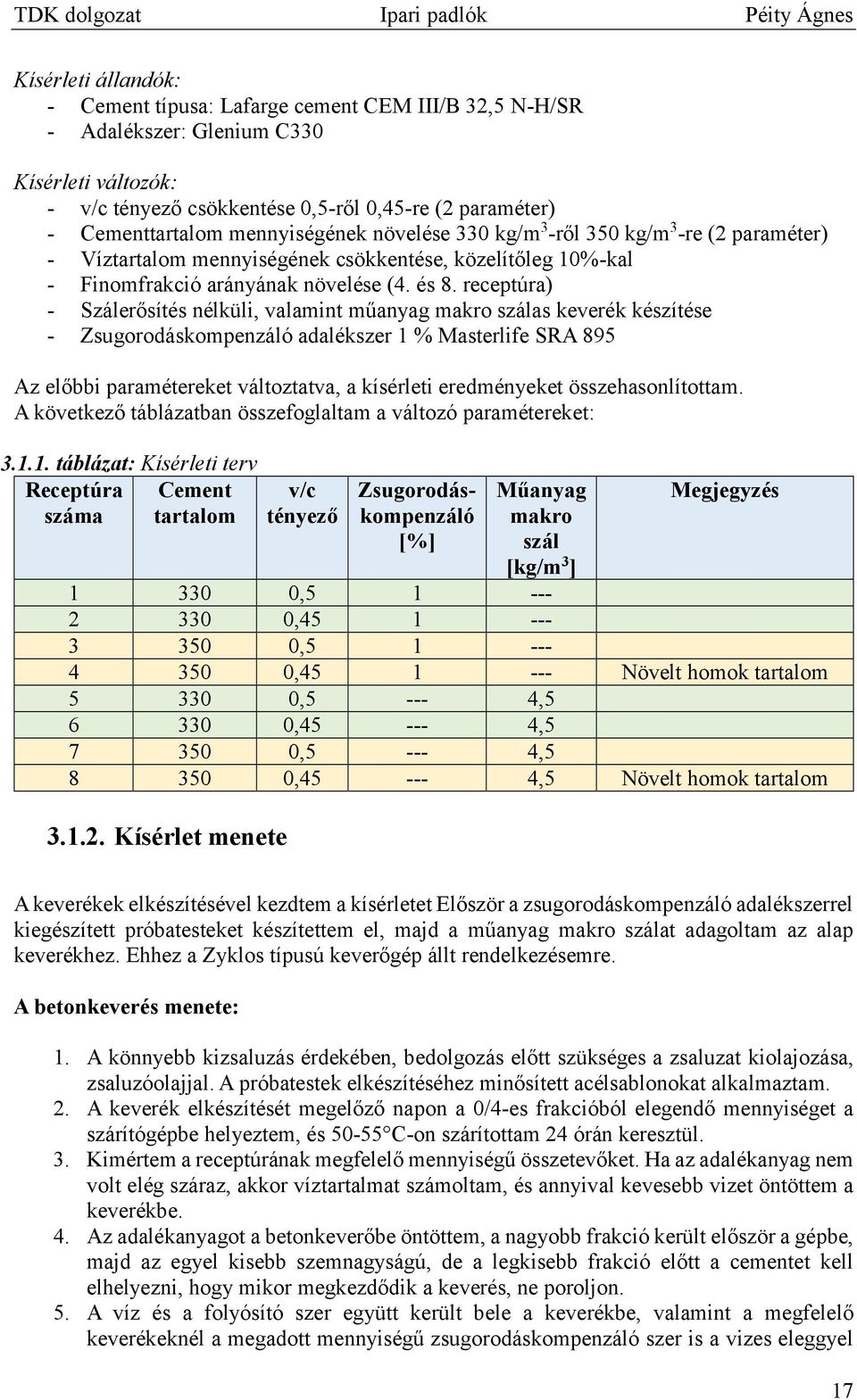 receptúra) - Szálerősítés nélküli, valamint műanyag makro szálas keverék készítése - Zsugorodáskompenzáló adalékszer 1 % Masterlife SRA 895 Az előbbi paramétereket változtatva, a kísérleti