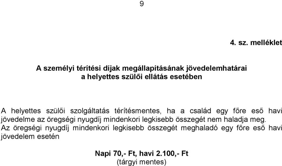 esetében A helyettes szülıi szolgáltatás térítésmentes, ha a család egy fıre esı havi jövedelme az