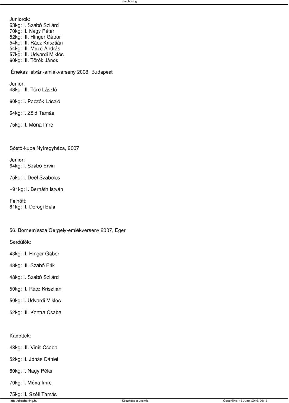 Móna Imre Sóstó-kupa Nyíregyháza, 2007 Junior: 64kg: I. Szabó Ervin 75kg: I. Deél Szabolcs +91kg: I. Bernáth István Felnõtt: 81kg: II. Dorogi Béla 56.