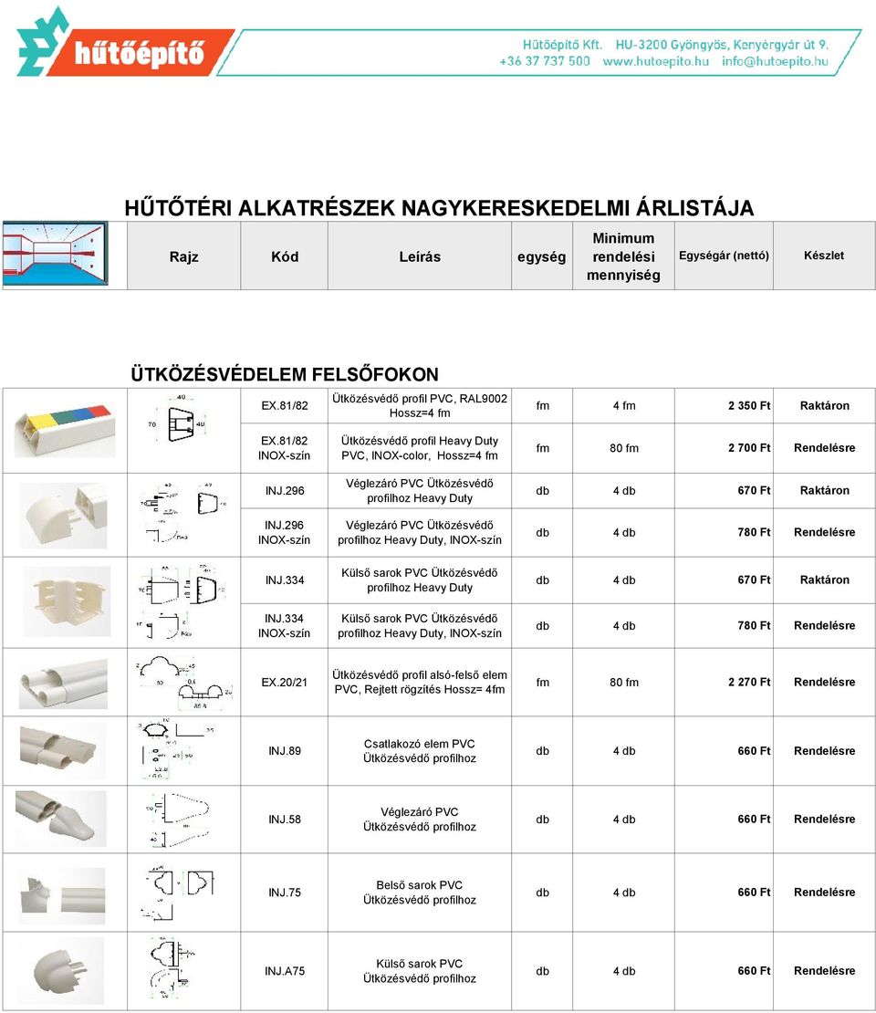 296 Ütközésvédő profil Heavy Duty PVC, INOX-сolor, Hossz=4 fm Véglezáró PVC Ütközésvédő profilhoz Heavy Duty Véglezáró PVC Ütközésvédő profilhoz Heavy Duty, fm 80 fm 2 700 Ft Rendelésre db 4 db 670