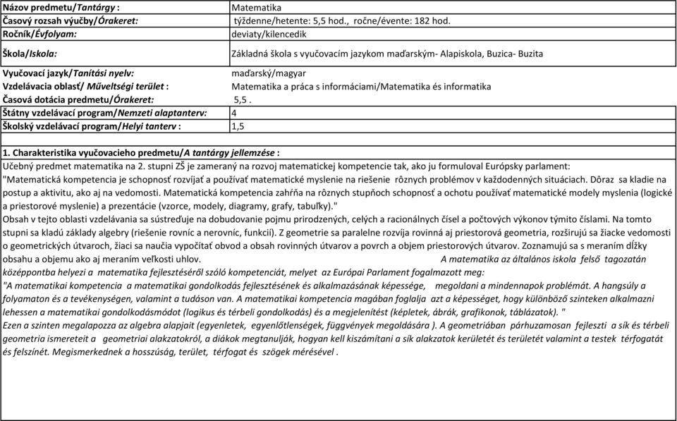 Műveltségi terület : Matematika a práca s informáciami/matematika és informatika Časová dotácia predmetu/órakeret: 5,5.