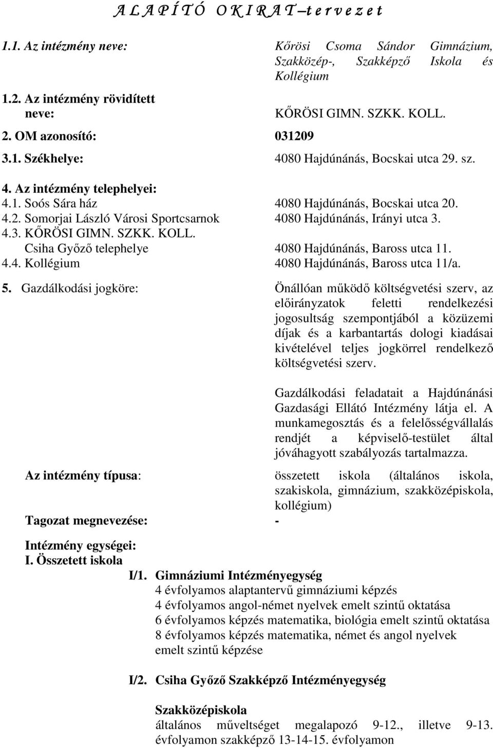 4.3. KİRÖSI GIMN. SZKK. KOLL. Csiha Gyızı telephelye 4080 Hajdúnánás, Baross utca 11. 4.4. Kollégium 4080 Hajdúnánás, Baross utca 11/a. 5.