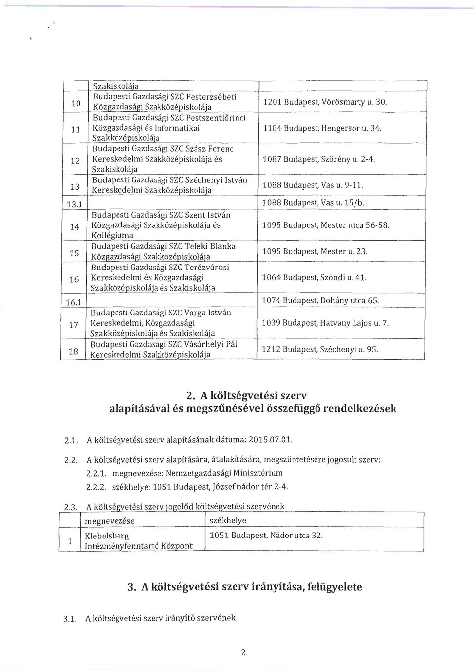 15/b. Budapesti Gazdasági SZC Szent István 14 Közgazdasági és 95 Budapest, Mester utca 5658. Kollégiuma 15 Budapesti Gazdasági SZC Teleki Blanka 95 Budapest, Mester u. 2.