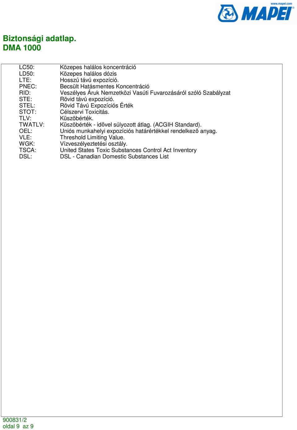 Rövid Távú Expozíciós Érték Célszervi Toxicitás. Küszöbérték. Küszöbérték - idıvel súlyozott átlag. (ACGIH Standard).