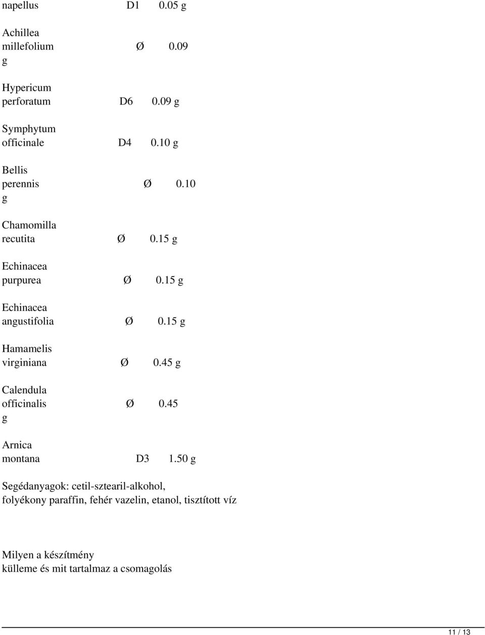 15 g Hamamelis virginiana Ø 0.45 g Calendula officinalis Ø 0.45 g Arnica montana D3 1.