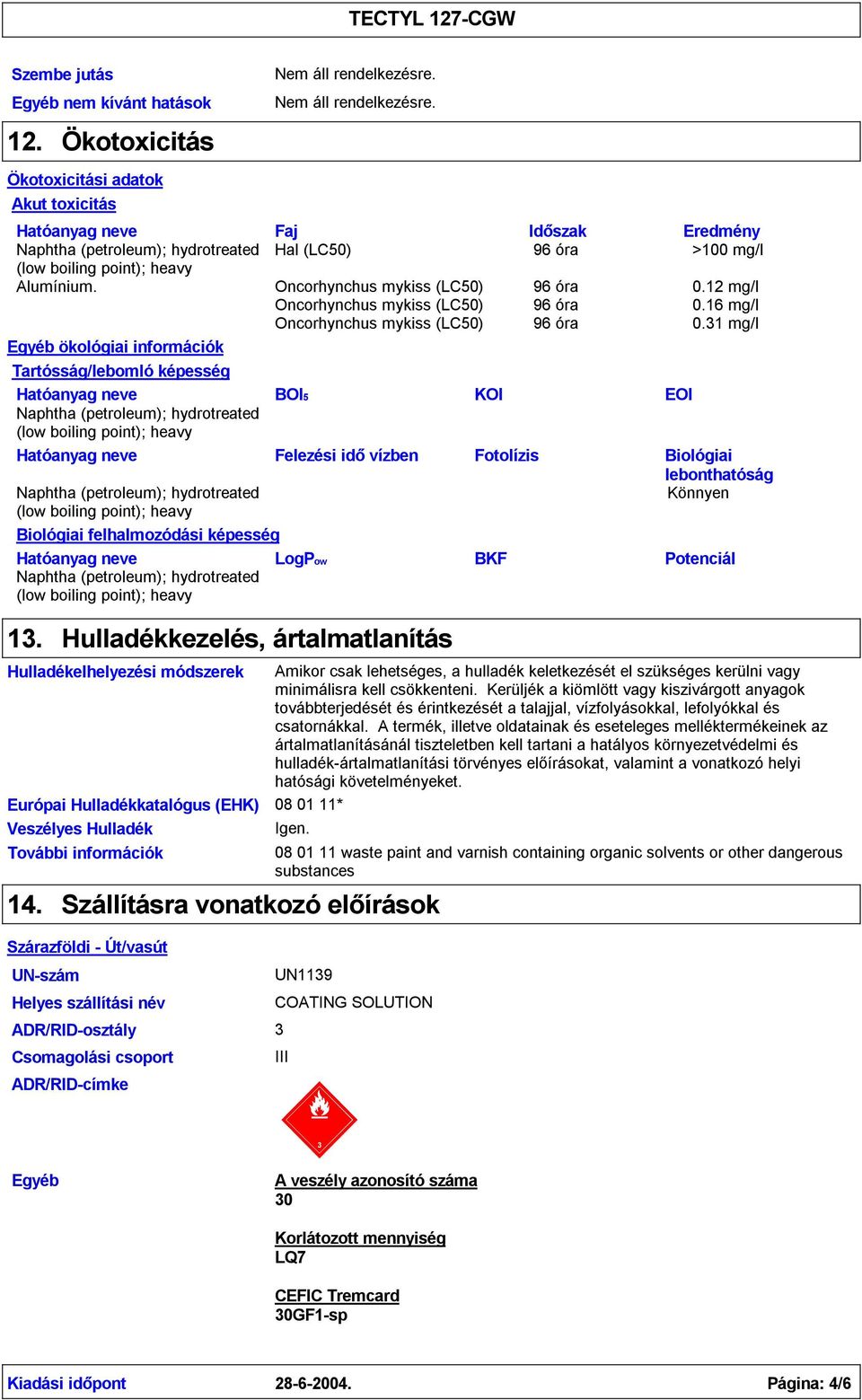 31 mg/l Egyéb ökológiai információk Tartósság/lebomló képesség BOI5 KOI EOI Felezési idővízben Fotolízis Biológiai lebonthatóság Könnyen Biológiai felhalmozódási képesség LogPow BKF Potenciál 13.