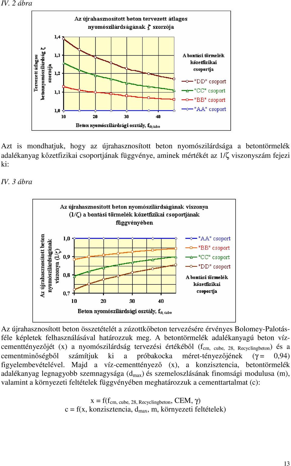 A betontörmelék adalékanyagú beton vízcementtényezőjét (x) a nyomószilárdság tervezési értékéből (f cm, cube, 28, Recyclingbeton ) és a cementminőségből számítjuk ki a próbakocka méret-tényezőjének