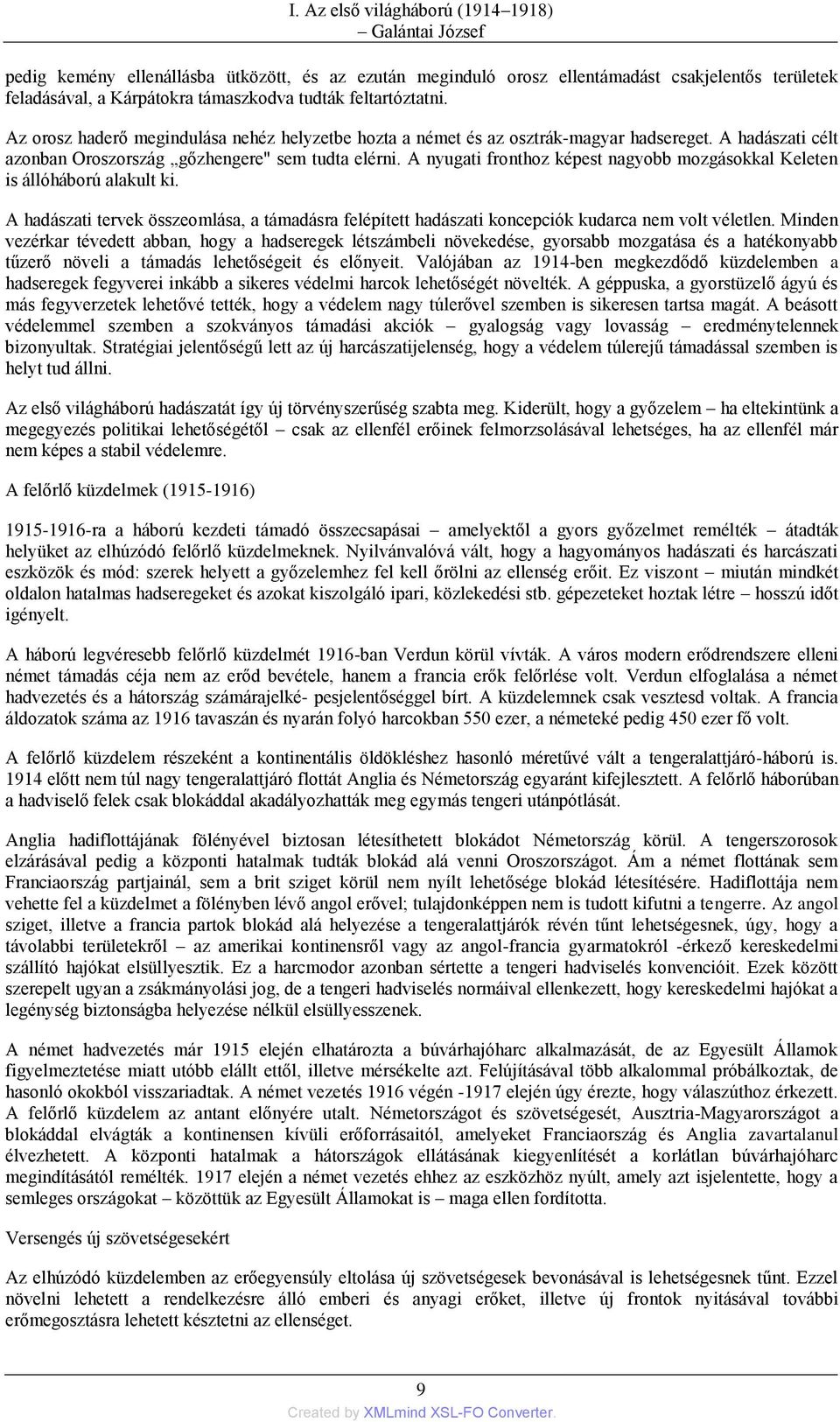 A nyugati fronthoz képest nagyobb mozgásokkal Keleten is állóháború alakult ki. A hadászati tervek összeomlása, a támadásra felépített hadászati koncepciók kudarca nem volt véletlen.