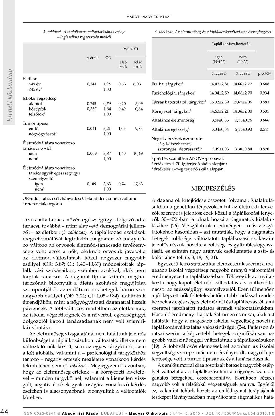 Az életminőség és a táplálkozásváltoztatás összefüggései Táplálkozásváltoztatás p-érték OR alsó érték felső érték (N=22) (N=33) Életkor 0,24,95 45 év Iskolai végzettség felsőfok 0,745 0,357 0,79,84