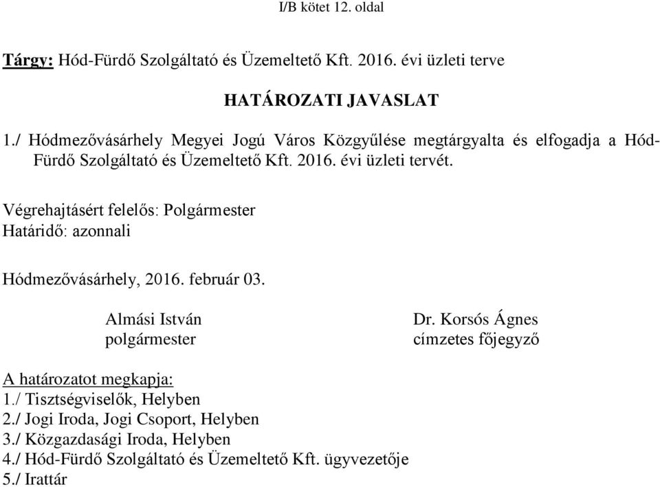 Végrehajtásért felelős: Polgármester Határidő: azonnali Hódmezővásárhely, 2016. február 03. Almási István polgármester Dr.