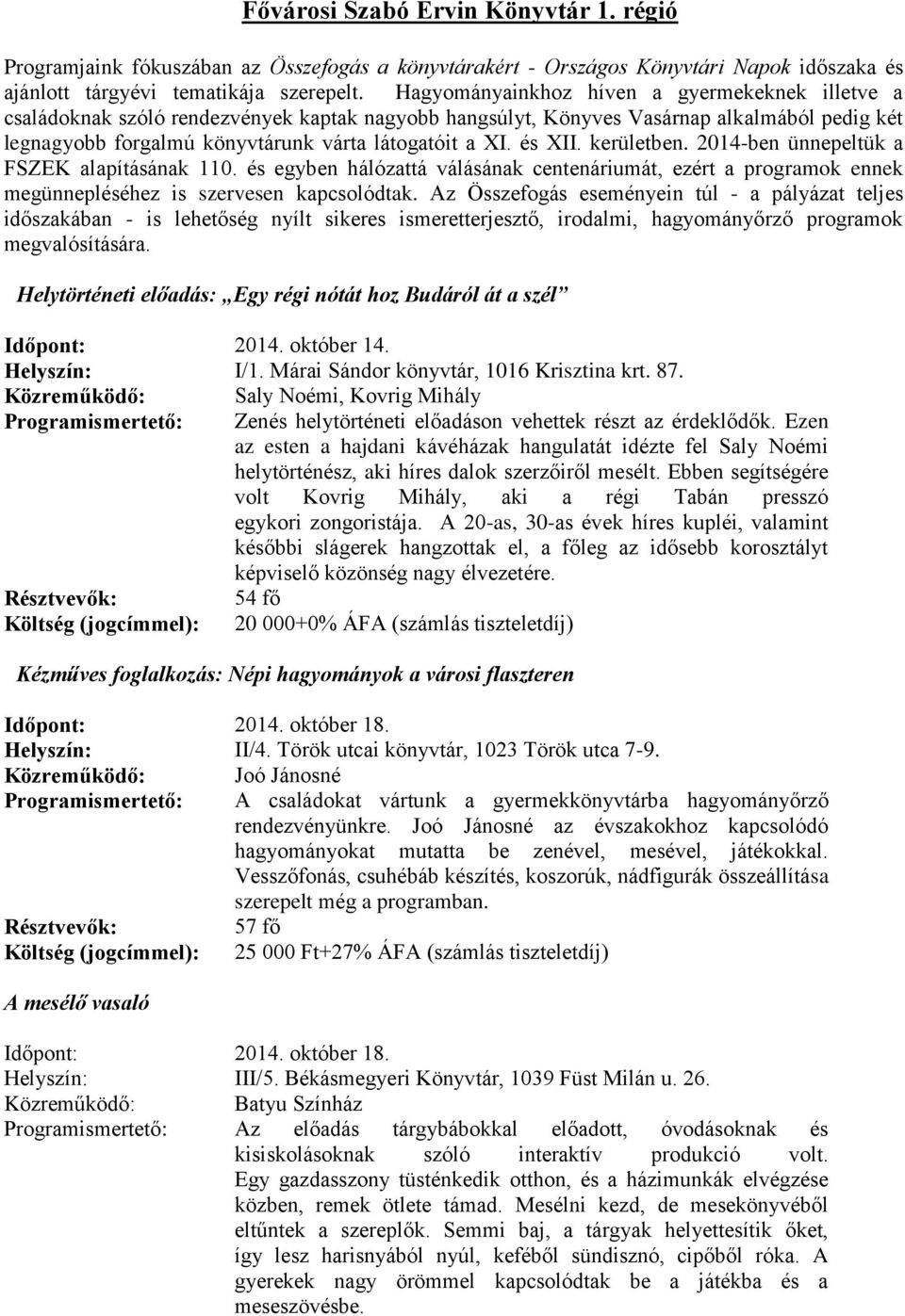 és XII. kerületben. 2014-ben ünnepeltük a FSZEK alapításának 110. és egyben hálózattá válásának centenáriumát, ezért a programok ennek megünnepléséhez is szervesen kapcsolódtak.