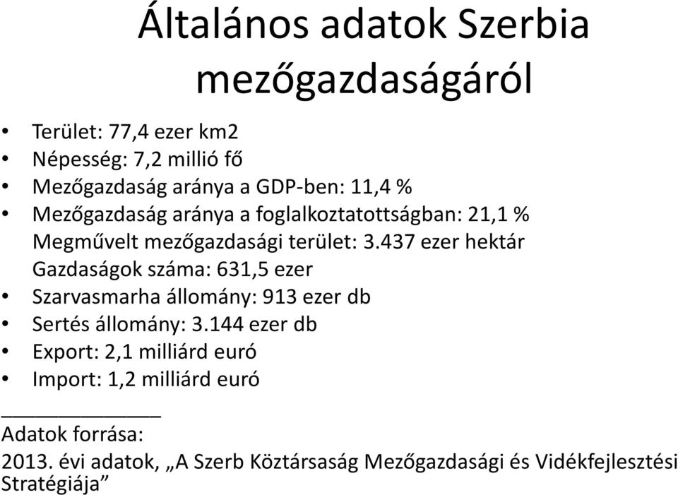 437 ezer hektár Gazdaságok száma: 631,5 ezer Szarvasmarha állomány: 913 ezer db Sertés állomány: 3.